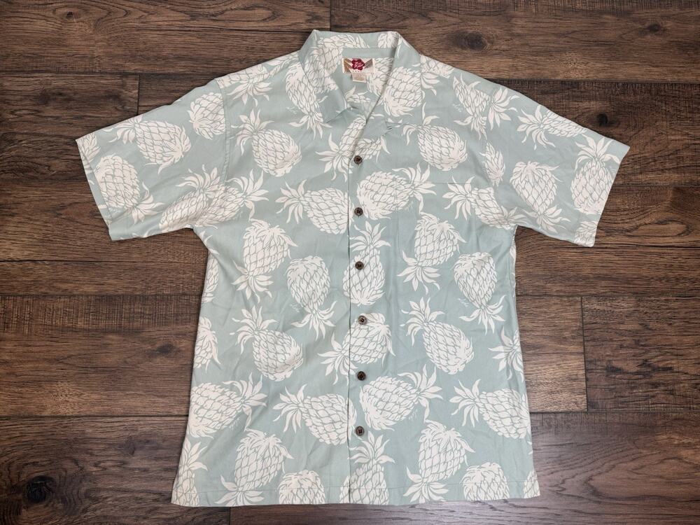 Hilo Hattie Shirt Mens Sz L Aqua 100% Silk Pineapple Hawaiian Aloha Button Up